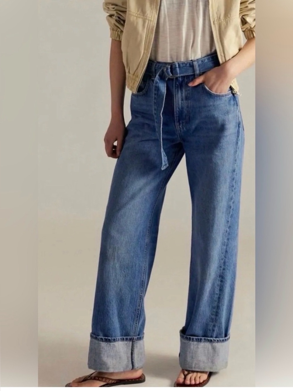 Free People We The Free East Bay Cuffed Wide Leg Baggy Jeans Denim Belt 28 read